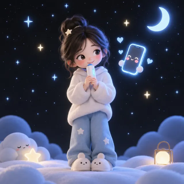 星空下拿着词柄、有点害羞的小人