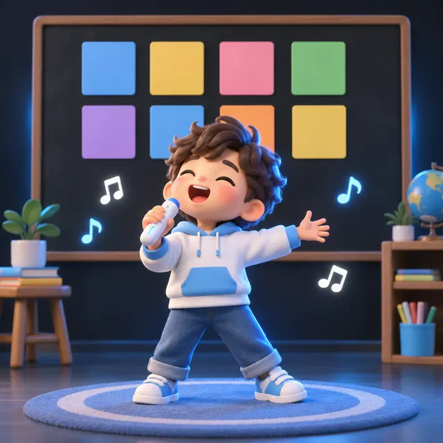 小朋友在彩色方块黑板前唱歌